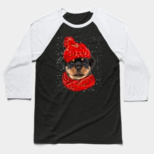 Rottweiler Wearing Red Hat And Scarf In Snow Christmas Baseball T-Shirt